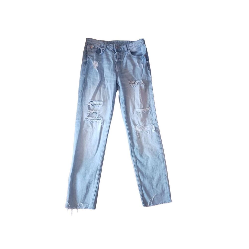 Heavily distressed ampersand denim women's 4 Light wash boyfriend